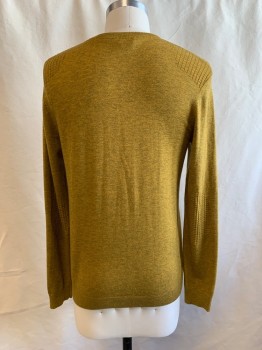 Mens, Pullover Sweater, TED BAKER, Mustard Yellow, Dk Khaki Brn, Polyester, Wool, Heathered, S, V-neck, Pullover, Long Sleeves, Rib Knit Neck, Cuffs, & Waist