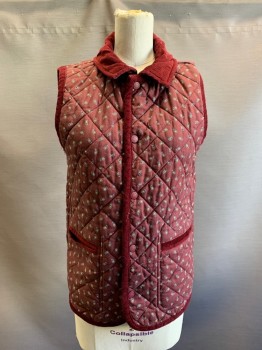Womens, Vest, LAVENHAM, Olive Green, Polyester, B 32, XS, Reversible, Quilted, C.A., Button Front, Corduroy Trim  Side 2: Burgundy, Yellow Paisley