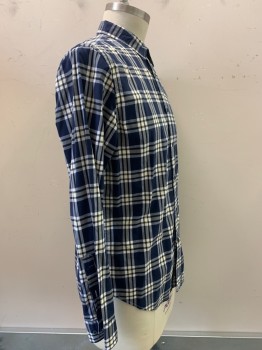 Mens, Casual Shirt, BANANA REPUBLIC, Navy Blue, White, Yellow, Cotton, Plaid, L, L/S, Button Front, Collar Attached,