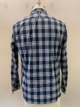 Mens, Casual Shirt, BANANA REPUBLIC, Navy Blue, White, Yellow, Cotton, Plaid, L, L/S, Button Front, Collar Attached,