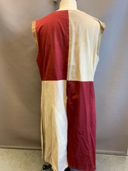 Mens, Historical Fiction Tabard, WINDLASS, Maroon Red, Cream, Cotton, Color Blocking, L/XL, 4 Quandrants of Alternating Maroon/Cream, Aged/Dirty, Heavy Canvas Fabric, Gold Metallic Lions at Each Side of Chest, Gold Trim, Split Hem at CF & Back, Reproduction Medieval Reenactment