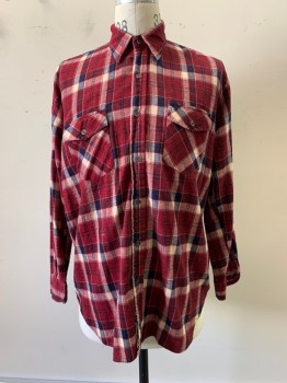 Midwest Traders, Red Burgundy, Navy Blue, Off White, Cotton, Polyester, Plaid, L/S, Button Front, Collar Attached, Chest Pockets