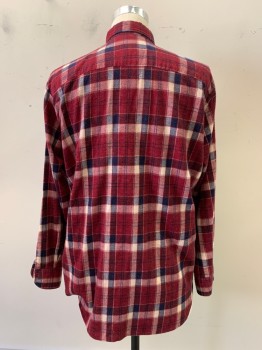 Mens, Shirt, Midwest Traders, Red Burgundy, Navy Blue, Off White, Cotton, Polyester, Plaid, M, L/S, Button Front, Collar Attached, Chest Pockets