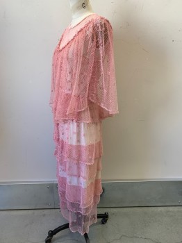 Womens, Evening Gown, NO LABEL, Pink, Cotton, Polyester, Fishnet, W30, B28, Transparent Netted Poncho Top, Crew Neck, V Shaped Seam, Layered Netted Skirt, Cream Lining, Crochet Details