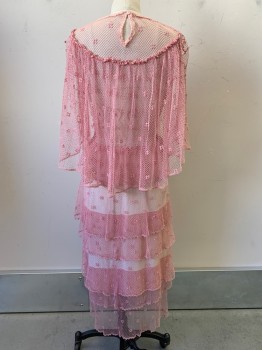 Womens, Evening Gown, NO LABEL, Pink, Cotton, Polyester, Fishnet, W30, B28, Transparent Netted Poncho Top, Crew Neck, V Shaped Seam, Layered Netted Skirt, Cream Lining, Crochet Details