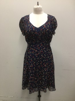 Womens, Dress, Piece 1, POLO, Navy Blue, Red, Cream, Green, Blue, Silk, Floral, B38, 12, W32, Floral Printed Chiffon Over Dress, Cross Over V.neck, Short Sleeves, Side Snap Closure with Self Belt. Smocked Detail at Front Bodice