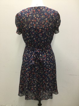 Womens, Dress, Piece 1, POLO, Navy Blue, Red, Cream, Green, Blue, Silk, Floral, B38, 12, W32, Floral Printed Chiffon Over Dress, Cross Over V.neck, Short Sleeves, Side Snap Closure with Self Belt. Smocked Detail at Front Bodice