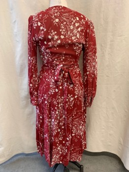 Womens, Dress, Long & 3/4 Sleeve, REFROMATION, Red Burgundy, White, Polyester, Rayon, Floral, W: 30, B: 38, Wrap Dress, V-neck, Long Sleeves, Sheer Back & Sleeves, Belted, Hem Below Knee