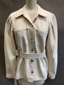 Womens, Jean Jacket, ZARA, Cream, Cotton, Solid, XS, Denim, Button Front, Collar Attached, Puffy Gathered Sleeves, 2 Patch Pockets at Chest, Self Belt Attached at Waist