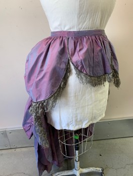 Womens, Historical Fiction Skirt, N/L MTO, Lavender Purple, Polyester, W32-34, Over-Skirt, Changeable Taffeta, Iridescent Silver Lace Trim, Open Front with Scallopped Tiers of Fabric, Floor Length in Back, Made To Order