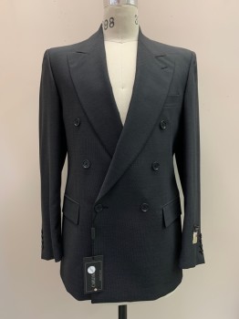 CARLO SCOTTI, Charcoal Gray, Black, Wool, Dots, 6 Buttons, Double Breasted, Peaked Lapel, 3 Pockets,