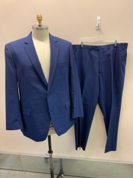 MICHAEL KORS, Royal Blue, Wool, Polyester, Solid, Single Breasted, 2 Buttons, 3 Pockets, Notched Lapel, Double Vent