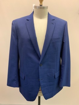 MICHAEL KORS, Royal Blue, Wool, Polyester, Solid, Single Breasted, 2 Buttons, 3 Pockets, Notched Lapel, Double Vent