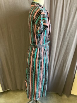 N/L, Black, White, Teal Blue, Pink, Cotton, Plaid-  Windowpane, Stripes - Vertical , Shawl Collar , V Shape Cream Eyelet Insert With Btns CF  S/S, With Tie, Side Zipper, Self Belt