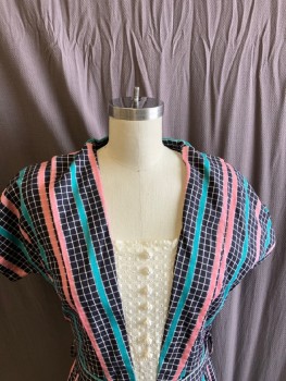 N/L, Black, White, Teal Blue, Pink, Cotton, Plaid-  Windowpane, Stripes - Vertical , Shawl Collar , V Shape Cream Eyelet Insert With Btns CF  S/S, With Tie, Side Zipper, Self Belt