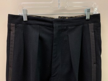 Mens, Pants, NL, Black, Wool, Solid, 32/31, Pleated Front, Side Pockets, Zip Front, Black Side Strip, Made To Order,
