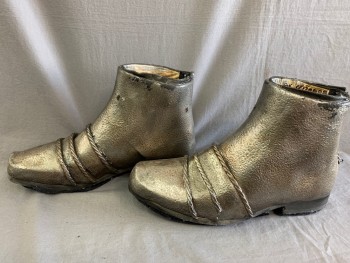 MTO, Silver, Rubber, Set of Boots : Silver Rubber Aged to Look Like Metal,  Tiered Toe Plates, Rubber Sole with Heel, Zip Back, Navy Suede Ankle Trim *silver Beginning to Peal* Heavy Felt on Sole, Can Be Paired with Suit of Armor Cf036930, Multiple
