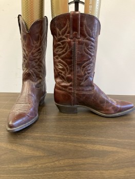 Womens, Cowboy Boots, N/L, 6, Shiny Brown with Tan Stitching, Fabric Lining