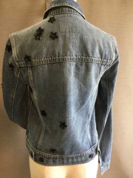 Womens, Jean Jacket, PAIGE, Lt Blue, Cotton, Synthetic, Heathered, Stars, XS, JACKET:  Stone Washed Blue Denim, Collar Attached, 6 Black Button Front, 2 Pockets Front W/flap W/matching Buttons, Small Holes/frayed On Bottom Hem, Black Sequin & Beads Stars On Front, Right Arm & Back