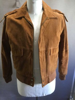 Mens, Leather Jacket, SILTON, Sienna Brown, Suede, Solid, 42, Zip Front, Snap Closure, 2 Pocket with Flaps, Epaulets, Rib Knit Cuffs and Waistband,