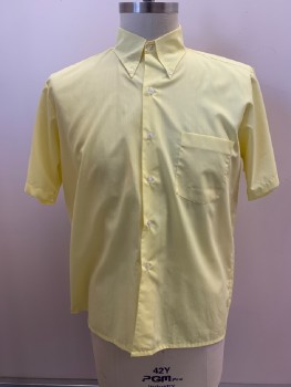 SEARS, Lt Yellow, Poly/Cotton, Solid, Bttn Down Collar, B.F., S/S, 1 Pckt, Slightly Sheer