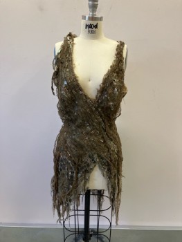 Womens, Sci-Fi/Fantasy Dress, MTO, Brown, Cotton, Shells, Text, W:27, B:36, H:37, Beige Gauze Covered In Rectangular Abalone Beads with Another Brown Overlay Of Gauze. V-N, Brown Leather Braided Straps, Open Back, Side Closure, Irregular Hem, Multiples