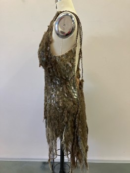 Womens, Sci-Fi/Fantasy Dress, MTO, Brown, Cotton, Shells, Text, W:27, B:36, H:37, Beige Gauze Covered In Rectangular Abalone Beads with Another Brown Overlay Of Gauze. V-N, Brown Leather Braided Straps, Open Back, Side Closure, Irregular Hem, Multiples
