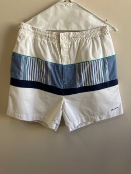 Mens, Shorts, PIERRE CARDIN, White, Blue, Navy Blue, Cotton, Solid, Color Blocking, M, F.F, Elastic Waist with Drawstring, Zip Front, Horizontal Band Striped Insert Bordered with Teal Piping And Navy, Logo Left Leg, 3 Pckts, Mesh Underpant