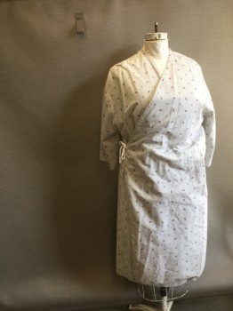 Unisex, Patient Robe, FASHION SEAL, White, Gray, Maroon Red, Cotton, Stripes, Diamonds, NS, Cross Body Wrap, Long, 3/4 Sleeves