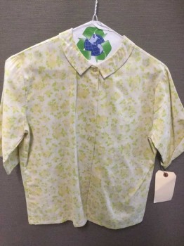 Womens, Blouse, N/L, Lt Yellow, Lt Green, Cotton, Polyester, Floral, B36, Button Front, Short Sleeve,  Collar Attached,