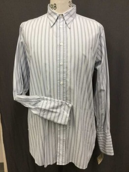 Mens, Dress Shirt, DARCY, White, Gray, Black, Cotton, Stripes - Vertical , 36, 16 , White W/shadow Gray & Fine Double Black Vertical Stripes, Button Front, Long Sleeves, French Cuffs, Multiples,