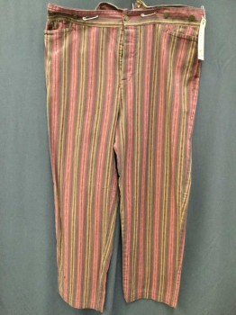 Mens, Historical Fiction Pants, NO LABEL, Red, Brown, Mustard Yellow, Lt Blue, Stripes, 32, 40, Flat Front, Button Fly, Suspender Buttons, Self Buckle Center Back