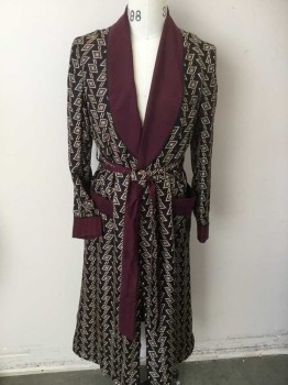 Mens, Robe, N/L, Black, Red Burgundy, Cream, Yellow, Gray, Polyester, Diamonds, C:36, S, Black W/gray, Cream,, Burgundy, Yellow Diamond Print, burgundy Shawl Collar Attached & Long Sleeves Cuffs , 2  Pockets Top W/black Piping Trim, 1 Button Front, with Detached SELF BELT