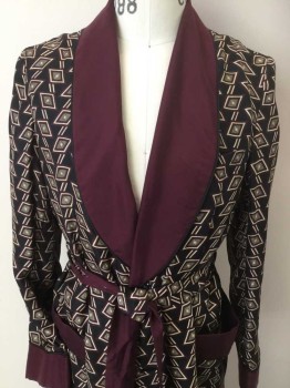 Mens, Robe, N/L, Black, Red Burgundy, Cream, Yellow, Gray, Polyester, Diamonds, C:36, S, Black W/gray, Cream,, Burgundy, Yellow Diamond Print, burgundy Shawl Collar Attached & Long Sleeves Cuffs , 2  Pockets Top W/black Piping Trim, 1 Button Front, with Detached SELF BELT