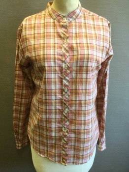 SEARS, Pink, Lt Brown, Off White, Polyester, Cotton, Plaid, Button Front, Long Sleeves, Band Collar, Button Cuff