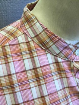 Womens, Blouse, SEARS, Pink, Lt Brown, Off White, Polyester, Cotton, Plaid, B:38, Button Front, Long Sleeves, Band Collar, Button Cuff