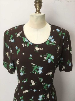N/L, Dk Brown, Green, Lt Blue, Cream, Baby Blue, Silk, Floral, Cream Dutch Woman Figures Throughout, Crepe, S/S, Scoop Neck, 3 Pleats at Each Shoulder, Strappy Collar Detail at Center Back Shoulders, Wrapped Bottom Half with Pleated Tab Detail at Side Front, Straight Fit Skirt with Hem Mid-calf,
