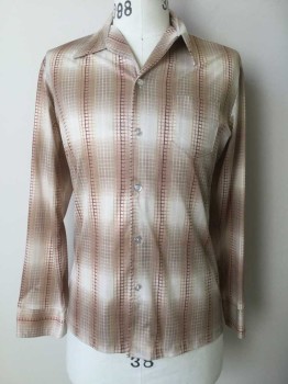 FEELIN' FREE, Taupe, Maroon Red, Lt Brown, Cream, Peach Orange, Polyester, Check , Ombre Taupe/White Horizontal Stripe, B.F., Pointy C.A., L/S, 1 Pckt,