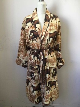 Womens, SPA Robe, MTO, Brown, Sienna Brown, Tan Brown, Cotton, Native American/Southwestern , Novelty Pattern, M, Shawl Collar, Cuffs, 2 Pockets, Belt Loops, Brown Rope Tie, Piped Trim