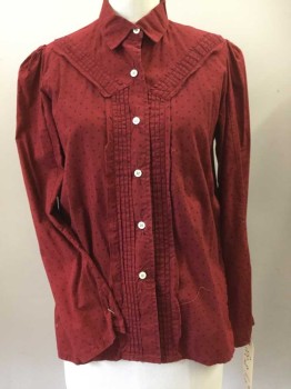 N/L, Dk Red, Black, Cotton, Calico , Button Front, Collar Attached, Long Sleeves No Cuffs, Knife Pleat Strips Appliqued Diagonally From Shoulders to Center Front Placket and Bordering Placket,