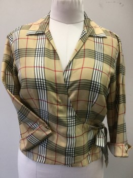 Womens, Blouse, ALLISON TAYLOR, Khaki Brown, White, Red, Black, Gray, Silk, Plaid-  Windowpane, Plaid, 8, Overlap V-neck with Collar Attached, 1 Hidden Button, with Self Tie @ Left Waist, 3/4 Sleeves with Cuffs,