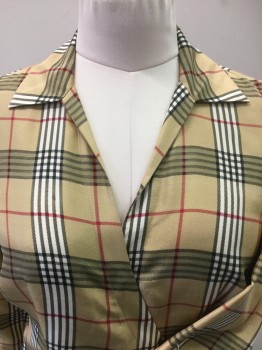 Womens, Blouse, ALLISON TAYLOR, Khaki Brown, White, Red, Black, Gray, Silk, Plaid-  Windowpane, Plaid, 8, Overlap V-neck with Collar Attached, 1 Hidden Button, with Self Tie @ Left Waist, 3/4 Sleeves with Cuffs,