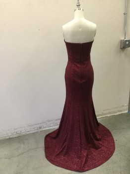 XSCAPE, Raspberry Pink, Synthetic, Heathered, Strapless Gown, Raspberry Red with Red Glitter, Princess Line. Fitted Skirt with Flared Hemline and Small Train