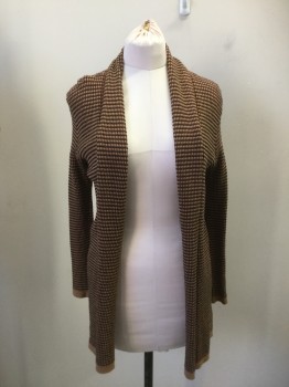 ZARA, Camel Brown, Black, Dk Red, Silver, Polyester, Viscose, Shawl Collar, Open Front, Ribbed Stripes, L/S, Solid Camel Ribbed Knit Waistband/Cuff