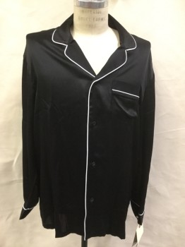 Mens, Pajama Top, G. BEENE, Black, White, Silk, Solid, M, Button Front, Rounded Notched Lapel, 1 Pocket, Contrast Piping