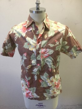 SAND PEBBLE HAWAII, Brown, Lt Green, White, Lt Yellow, Coral Orange, Cotton, Polyester, Hawaiian Print, Floral, Hawaiian Tropical Flowers with Leaves Pattern, Faded/"Wrong" Side of Fabric on Outside, Short Sleeves, Semi Open 4 Button Front, Collar Attached, 1 Patch Pocket,