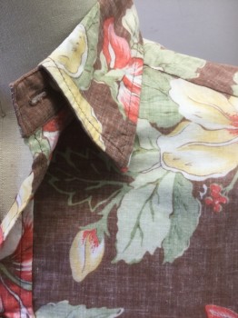 SAND PEBBLE HAWAII, Brown, Lt Green, White, Lt Yellow, Coral Orange, Cotton, Polyester, Hawaiian Print, Floral, Hawaiian Tropical Flowers with Leaves Pattern, Faded/"Wrong" Side of Fabric on Outside, Short Sleeves, Semi Open 4 Button Front, Collar Attached, 1 Patch Pocket,