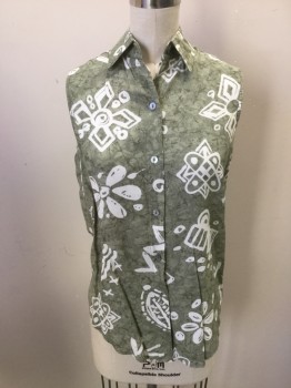 Womens, 1990s Vintage, Piece 1, STRAIGHT DOWN, Olive Green, White, Rayon, Novelty Pattern, S, Blouse -White Batik Print, Sleeveless, Collar Attached, Button Front,