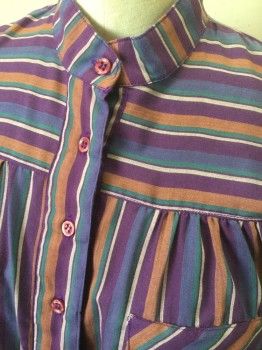 Womens, Shirt, AMY BARR, Purple, Orange, Periwinkle Blue, Teal Green, White, Poly/Cotton, Stripes, B:36, Purple with Orange/Periwinkle/Teal/White Stripes, Vertical on Body and Horizontal on Shoulder Yoke, Long Sleeves, Semi-open 5 Button Front, Band Collar, 2 Flap Pockets with Button Closures,