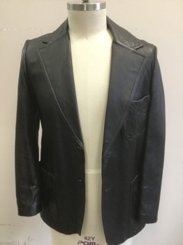 Mens, Leather Jacket, ADLER, Black, Leather, Solid, 42, Notched Lapel, 2 Button Front, 3 Patch Pockets